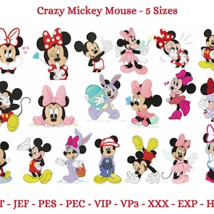 Desenhos de bordado do Mickey Mouse, Desenho de bordado à máquina da Minnie Mouse, Padrão de bordado de desenho animado, 5 tamanhos, Download instantâneo