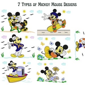 Könnte beinhalten: Sieben verschiedene Stickmuster mit Mickey Mouse in verschiedenen Aktivitäten. Mickey ist beim Skateboardfahren, Entspannen auf einem Strandstuhl, Segeln in einem Boot und vielem mehr zu sehen. Die Designs sind in verschiedenen Farben und Stilen gehalten.