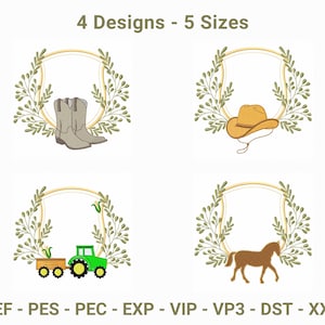 Västerländska broderimönster - 4 digitala maskinbroderimönster - Cowboyhatt, stövlar, häst och traktor - 5 storlekar ingår