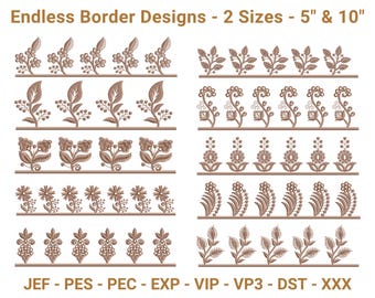 May include: Embroidered border designs featuring floral and leaf patterns. The image displays several rows of detailed, brown embroidery designs, with text indicating two sizes: 12.7 cm and 25.4 cm.