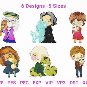 Magical Wizard Friends Embroidery Design Set - 6 Cute Characters with Their Familiars in 5 Sizes - Owl, Phoenix, Niffler, Thestral, Snake.