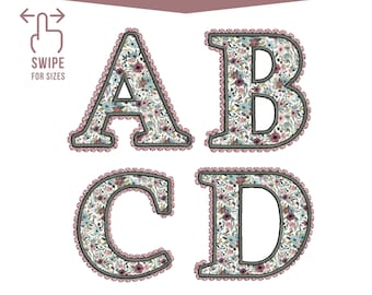 May include: Four floral embroidered letters, A, B, C, and D, with a lace trim. The letters are filled with a floral pattern of blue, pink, and green flowers. The text "A to Z Fonts | 5 Sizes" is at the top.