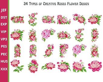 Elegant Roses Embroidery Design Set - 24 Creative Flower Patterns | Digital Machine Embroidery Files