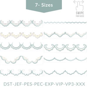 Può includere: Una collezione di sette diversi disegni di bordi ricamati in vari stili. I bordi sono in tonalità di blu e bianco, con motivi a pois e smerlati. L'immagine include il testo "7 - Sizes" e "SWIPE FOR SIZES".
