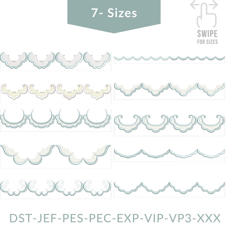 A collection of 9 different scalloped and decorative border embroidery designs, featuring eyelet patterns, swirls, and classic wave edges in soft seafoam and white.