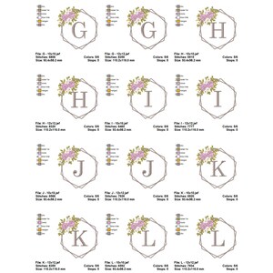 May include: A set of 10 embroidery designs featuring letters G through L in a geometric frame with floral accents. Each design is available in two sizes, 10x10 cm and 12x12 cm.