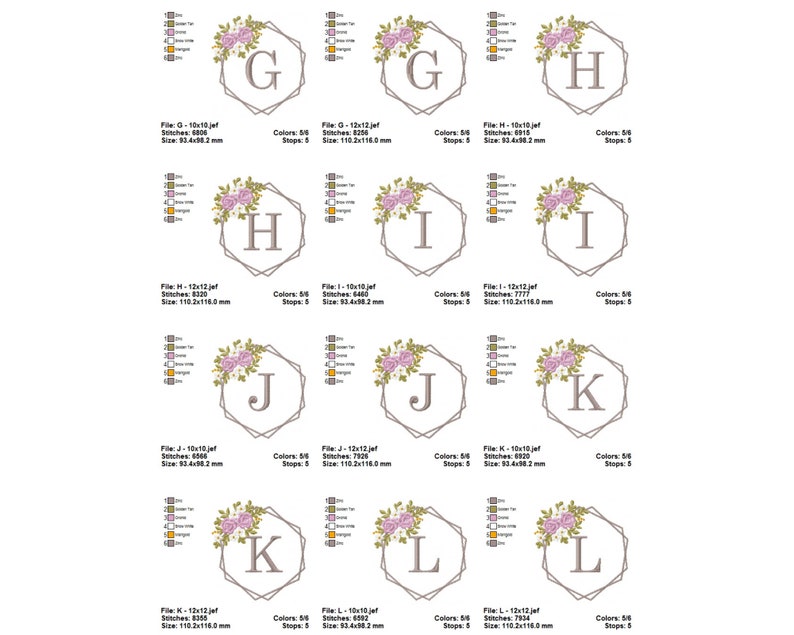 May include: A set of 10 embroidery designs featuring letters G through L in a geometric frame with floral accents. Each design is available in two sizes, 10x10 cm and 12x12 cm.