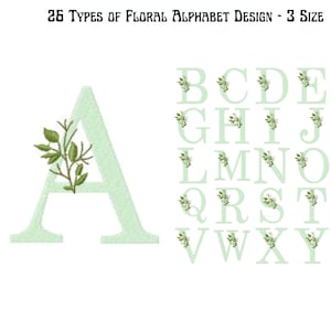 May include: Floral alphabet design in green and white. The letter A is highlighted with a leafy branch. The remaining letters of the alphabet are shown in a smaller size.