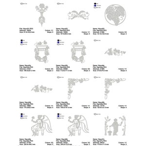 May include: A set of 10 embroidery designs featuring various floral and vine motifs. The designs are in black and white and include a grapevine wreath, a vase with flowers, and a corner design.