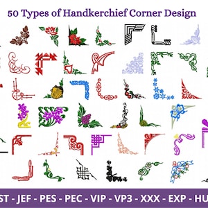 May include: 50 different embroidery designs for handkerchief corners. The designs include floral, geometric, and abstract patterns in various colors.