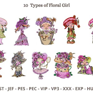 May include: 10 embroidery designs featuring floral girls in various poses and outfits. The designs include a girl in a flower pot, a girl holding a watering can, a girl wearing a flower crown, and a girl sitting in a teacup. The designs are perfect for creating personalised gifts, home decor, and clothing.