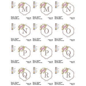 May include: A set of embroidery designs featuring letters M through R in a geometric frame with floral accents. The letters are in a simple, elegant font and are surrounded by a delicate floral wreath. The designs are perfect for adding a touch of personalization to any project.