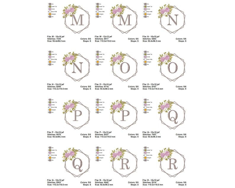 May include: A set of embroidery designs featuring letters M through R in a geometric frame with floral accents. The letters are in a simple, elegant font and are surrounded by a delicate floral wreath. The designs are perfect for adding a touch of personalization to any project.
