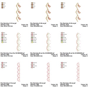 May include: Six embroidery designs for a pink and white lace trim with a floral motif. The designs are available in different sizes, ranging from 4 to 30 centimetres. The designs are labelled with the file name, stitch count, size, and colour count.