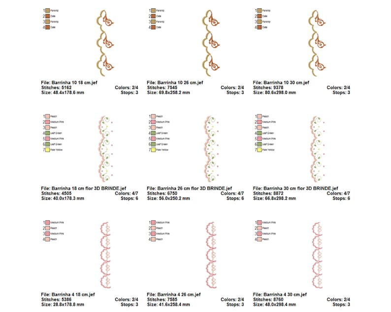 May include: Six embroidery designs for a pink and white lace trim with a floral motif. The designs are available in different sizes, ranging from 4 to 30 centimetres. The designs are labelled with the file name, stitch count, size, and colour count.