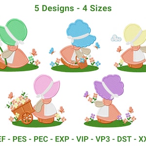 May include: Five embroidery designs showing a cartoon girl in a bonnet and dress, each with a different coloured bonnet. The designs include butterflies, flowers, and a basket. Text at the top reads "5 Designs - 4 Sizes".