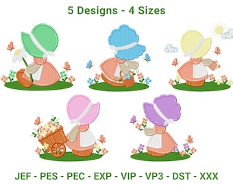 Può includere: Cinque disegni di ricamo raffiguranti una bambina dei cartoni animati con un cappello e un vestito, ognuno con un cappello di colore diverso. I disegni includono farfalle, fiori e un cestino. Il testo in alto recita "5 Designs - 4 Sizes".