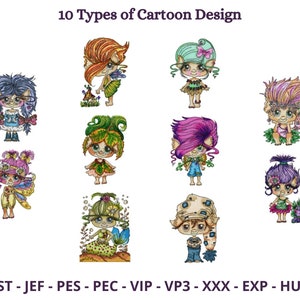 collection of ten unique cartoon characters, each styled differently to showcase distinct cartoon design techniques, 5x7 hoop size