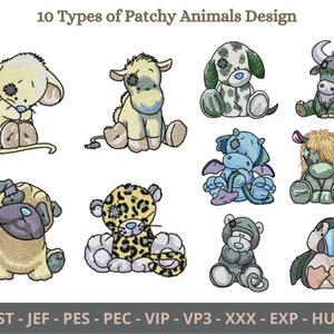 Patchy Animals Embroidery Design - Machine Embroidery Pattern - 10 Types - Instant Download