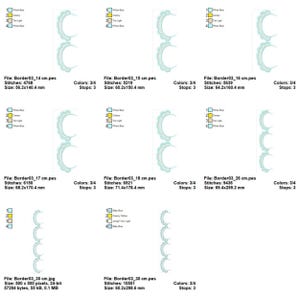 May include: A collection of machine embroidery designs featuring a scalloped border in shades of blue and yellow. The designs vary in size, with the largest measuring approximately 60.2 x 298.6 mm. Each design includes color codes and stitch counts.