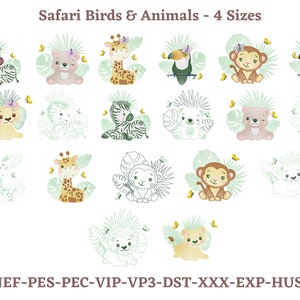 Motifs de broderie oiseaux et animaux de Safari, oiseau de safari mignon et animaux avec motif de broderie Machine papillon, 4 tailles, téléchargement immédiat