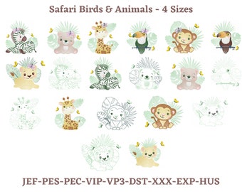 Safari Birds & Animals Embroidery Designs , Cute Safari Bird And animals with Butterfly Machine Embroidery Design, 4 Sizes, Instant download