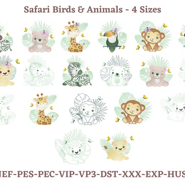 Safari Vögel und Tiere Stickerei Designs, niedliches Safari Vogel und Tiere mit Schmetterling Maschinenstickerei, 4 Größen, sofort download