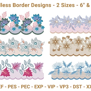 Puede incluir: La imagen muestra seis diseños de bordado floral en bordes, en tonos de azul, rosa y dorado. Los diseños están disponibles en dos tamaños, 15 cm y 25 cm. El texto "Endless Border Designs" está en la parte superior, junto con abreviaturas de tipo de archivo.