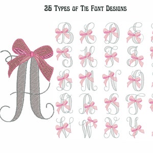 Puede incluir: 26 Tipos de Diseños de Fuentes de Corbata. Una letra A bordada en plata con un lazo rosa y blanco. El alfabeto se muestra con un lazo rosa en cada letra.