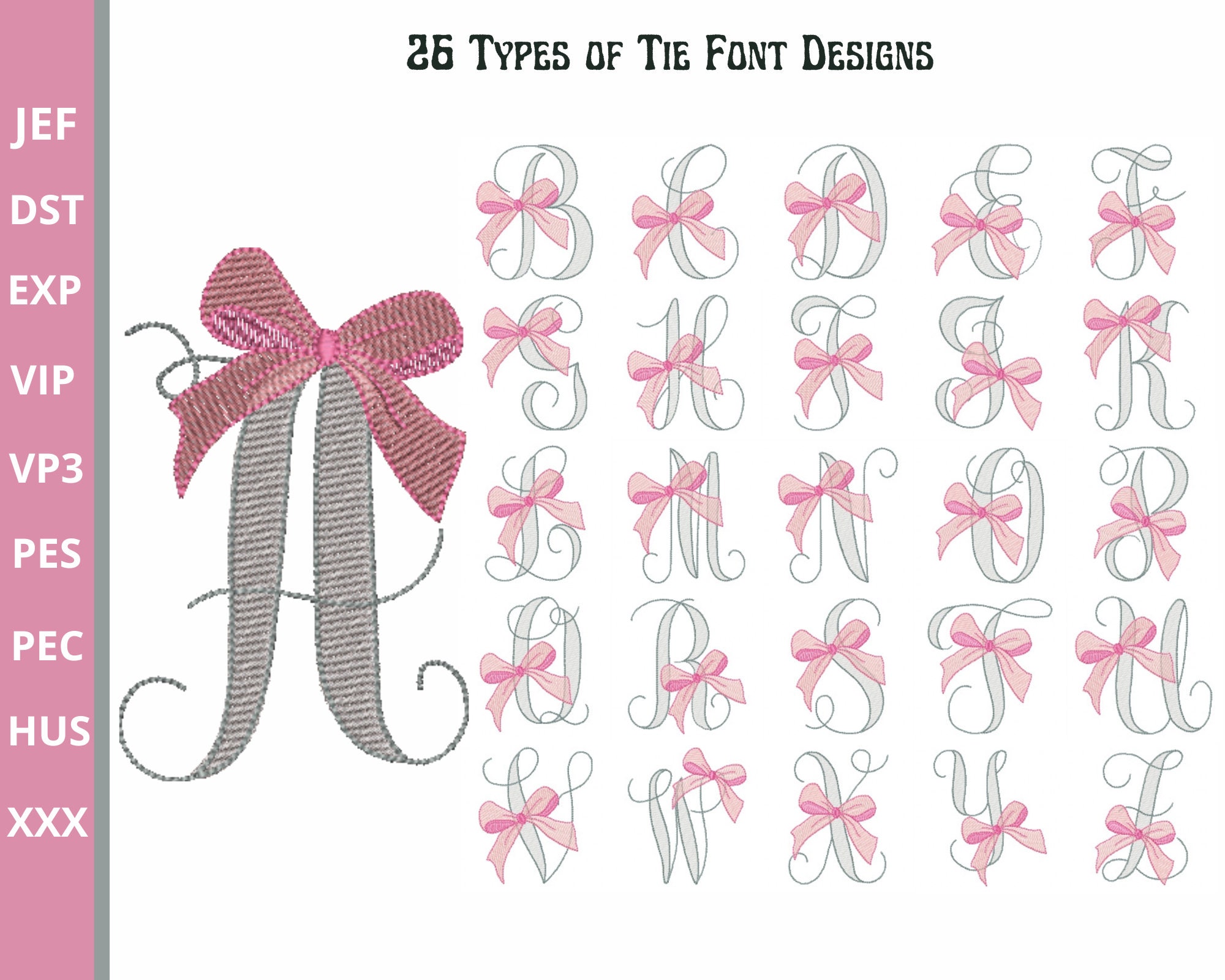 Alphabet with Bow Embroidery Designs - 3" and 4" inch size, instant download