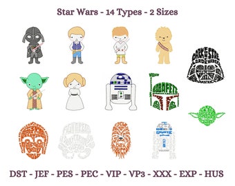 Diseños de bordado de Star Wars, diseño de bordado a máquina de la película Star Wars, patrón de bordado de personajes de Star Wars, 2 tamaños, descarga instantánea
