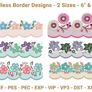 Floral Scalloped Endless Border Embroidery Designs – 6 Borders in 2 Sizes (6&quot; & 10&quot;) – Instant Download Machine Embroidery Files