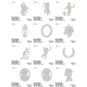 May include: A set of ten embroidery designs featuring various motifs, including a bird, a woman, a wreath, a cherub, and a rose. The designs are all in a silver color and are perfect for adding a touch of elegance to any project.