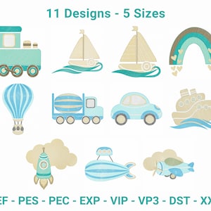 May include: Eleven digital embroidery designs featuring various transportation themes, including a train, sailboat, hot air balloon, cement truck, car, cruise ship, rocket, submarine, and airplane. The designs are in blue, green, and brown tones.
