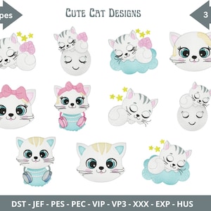Cute Cat Embroidery Design - Kitten Machine Embroidery Pattern - 11 Types - 3 Sizes - Instant Download