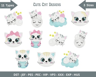 Diseño de bordado de gato adorable - Patrón de bordado a máquina de gatito - 11 tipos - 3 tamaños - Descarga instantánea