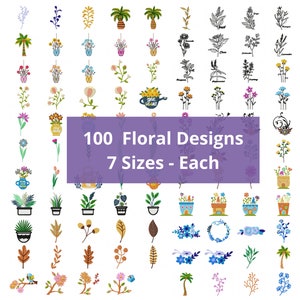Op de afbeelding: Een verzameling van 100 borduurmotieven met bloemen in 7 verschillende maten. De ontwerpen bevatten een verscheidenheid aan bloemen, planten en andere botanische elementen. De ontwerpen zijn beschikbaar in verschillende formaten, waaronder JEF, PES, PEC, VIP, VP3, EXP, HUS, XXX en DST.