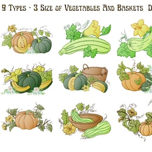 Vegetables And Baskets Embroidery Design - Machine Embroidery Pattern - 9 Types - Instant Download