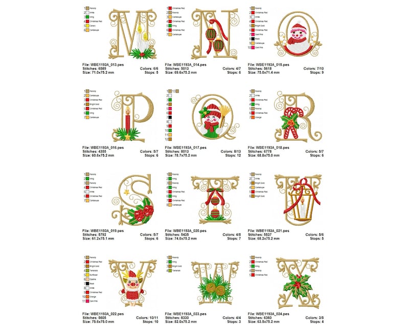 May include: A set of 12 Christmas-themed embroidery designs for machine embroidery. Each design features a different letter of the alphabet with a festive holiday element, such as a snowman, a candy cane, or a Christmas tree. The letters are in a gold script font with red and green accents.