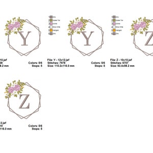 May include: Embroidery design files for the letters Y and Z. Each design features a geometric frame with floral accents in shades of pink and white. The designs are available in multiple sizes, with the largest measuring 11.02 cm by 11.6 cm.