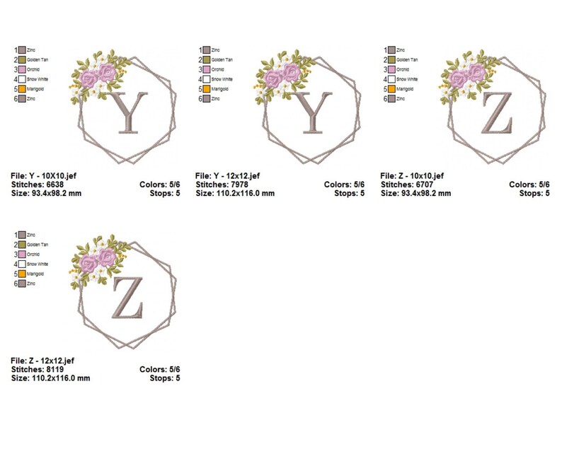 May include: Embroidery design files for the letters Y and Z. Each design features a geometric frame with floral accents in shades of pink and white. The designs are available in multiple sizes, with the largest measuring 11.02 cm by 11.6 cm.