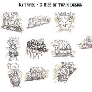 May include: A digital design sheet with 10 different types of train designs in 3 sizes. The designs are drawn in black and white with brown accents. The text "10 TYPES - 3 SIZE OF TRAIN DESIGN" is at the top of the sheet.