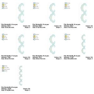 May include: A collection of machine embroidery designs featuring a scalloped border in shades of blue and yellow. Each design is labeled with file information, stitch count, and size in millimeters. The designs vary in size, with the largest being 57.8 x 298.4 mm.