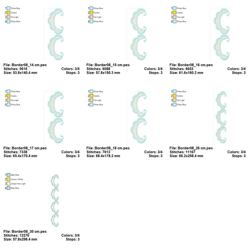 May include: A collection of machine embroidery designs featuring a scalloped border in shades of blue and yellow. Each design is labeled with file information, stitch count, and size in millimeters. The designs vary in size, with the largest being 57.8 x 298.4 mm.