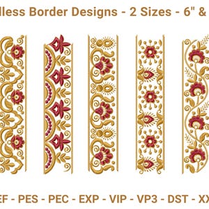 以下が含まれることがあります： 金とバーガンディの花柄とスクロール模様の5つの垂直刺繍デザイン。「Endless Border Designs」とラベル付けされ、15.24 cmと25.4 cmのサイズで利用できます。さまざまなファイル形式がリストされています。