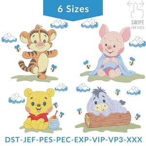 Könnte beinhalten: Gestickte Designs mit Tigger, Ferkel, Winnie Puuh und Eeyore, umgeben von Wolken und Bienen. Der Text "6 Sizes" steht oben, und "SWIPE FOR SIZES" rechts. Der Text unten lautet "DST-JEF-PES-PEC-EXP-VIP-VP3-XXX".