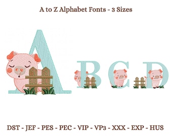 Cute Piggy Alphabet Font Design - Machine Embroidery Pattern - 3 Sizes - Instant Download