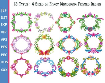 Fancy Frames Embroidery Designs , Floral Frame Machine Embroidery Design, Floral embroidery pattern, 4 Sizes, Instant download