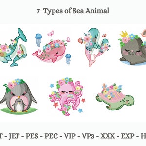 May include: An image featuring seven embroidered sea animals, including a whale, dolphin, octopus, seal, penguin, and turtle, each adorned with floral crowns. The text "7 Types of Sea Animal" is at the top, with embroidery file formats listed below.