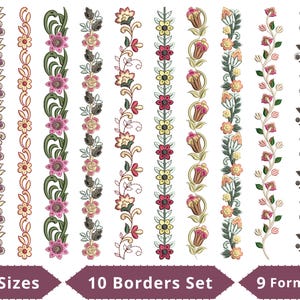 Könnte beinhalten: Ein Set aus zehn vertikalen Stickerei-Bordürendesigns mit verschiedenen Blumen- und Rankenmustern in den Farben Violett, Rosa, Gelb, Grün und Braun. Das Bild enthält am unteren Rand den Text 2 Sizes, 10 Borders Set und 9 Formats.